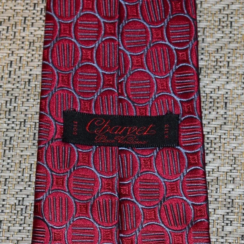 Charvet Silk Necktie Mens OS Red Grey Geometric Circles Made in France Excellent